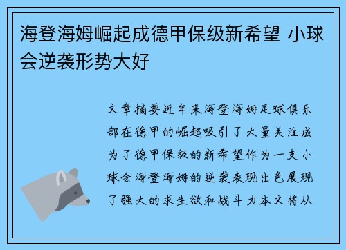 海登海姆崛起成德甲保级新希望 小球会逆袭形势大好